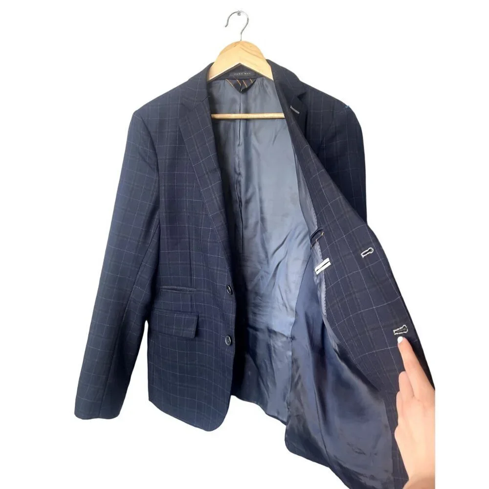 Zara Mens Blazer Size 40 Navy Blue Plaid Wool Blend Button‎ Front